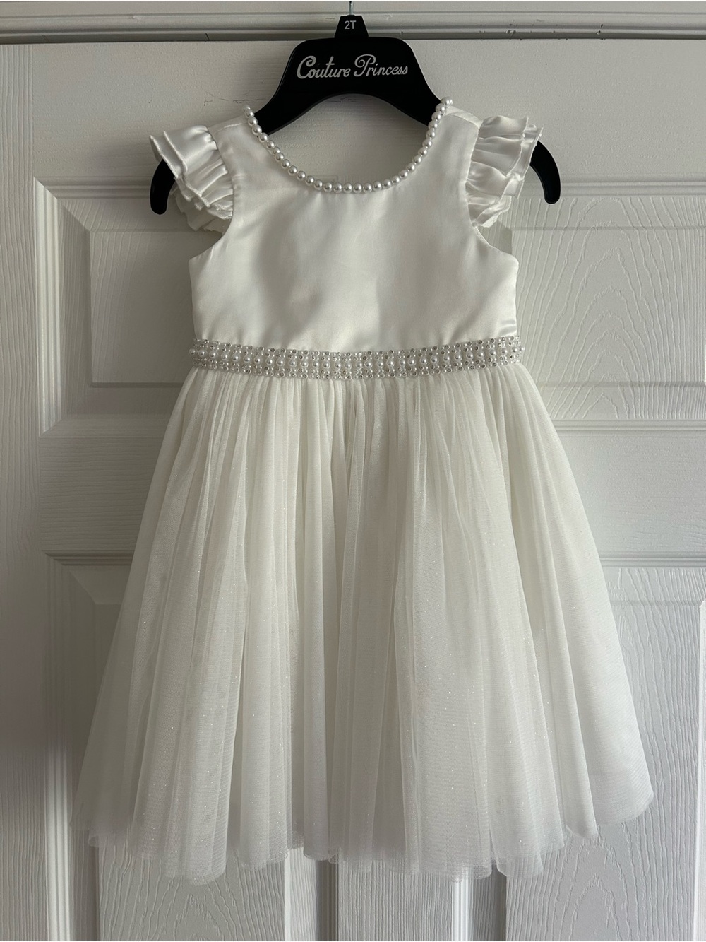 White Pearl-Trim Tulle Flower Girl Dress